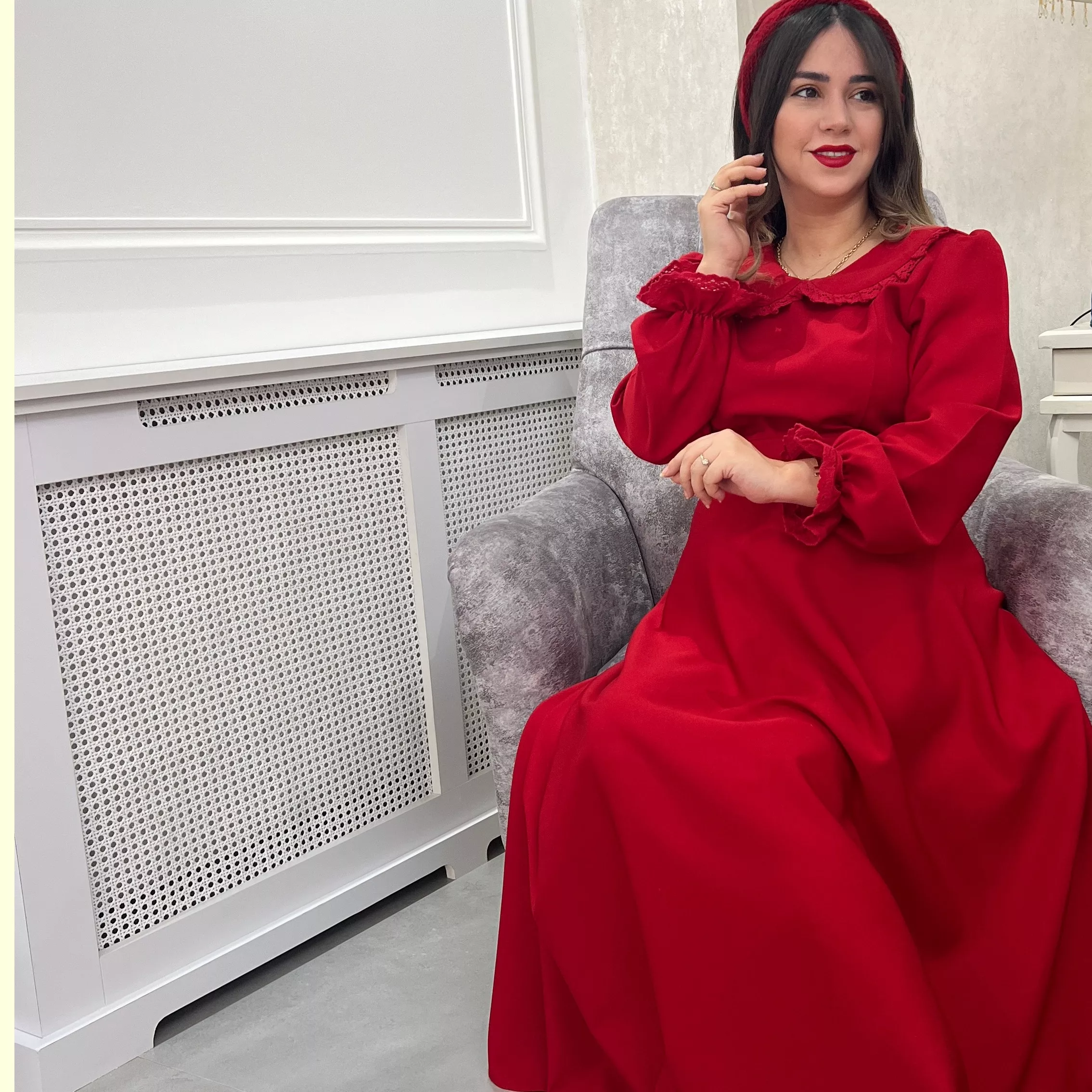 خرید پیراهن رز قد ۱۳۵ بند کمر دارد جنس کرپ مازراتی