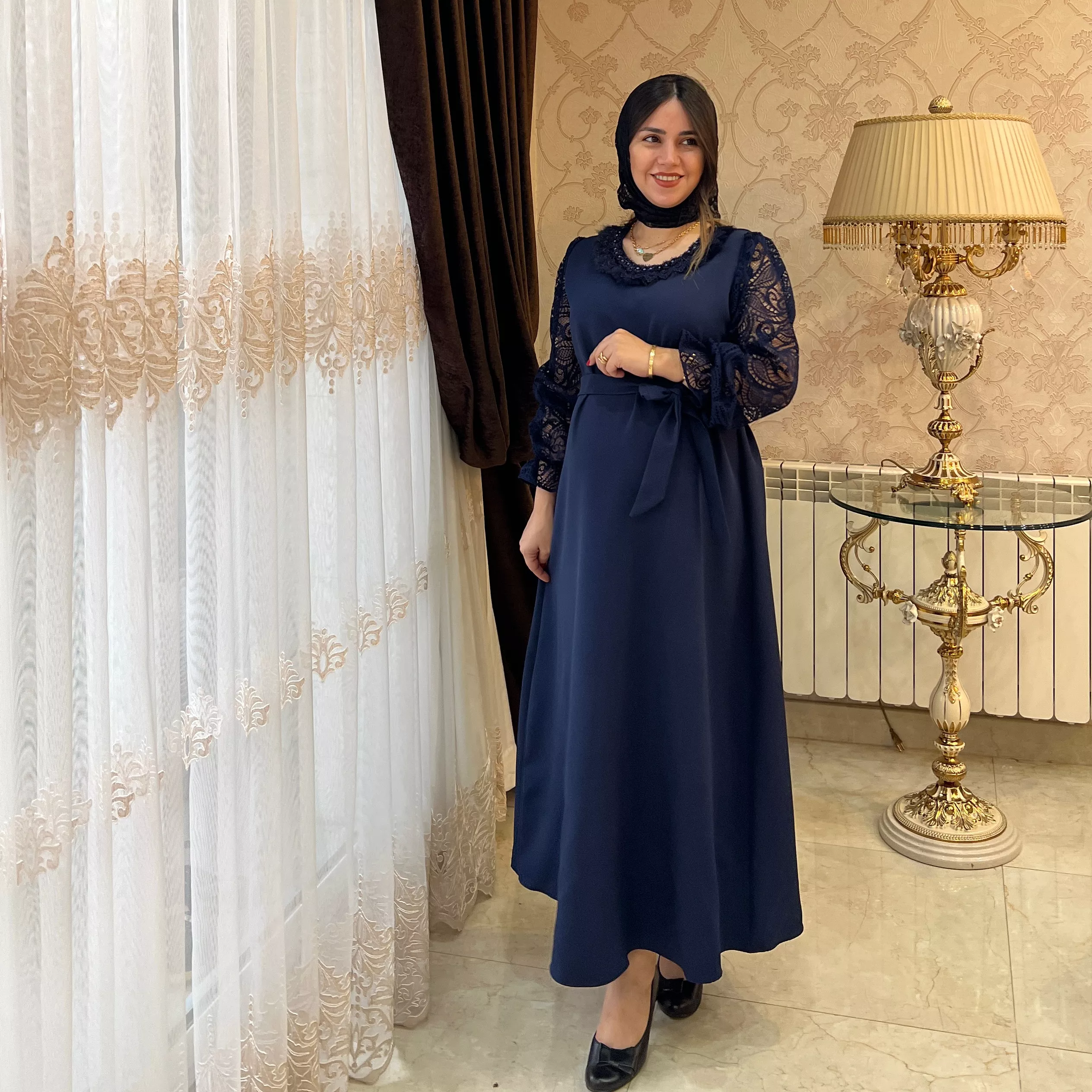 خرید پیراهن سرمه کرپ مازراتی  قد ۱۲۵ بند کمر دارد 