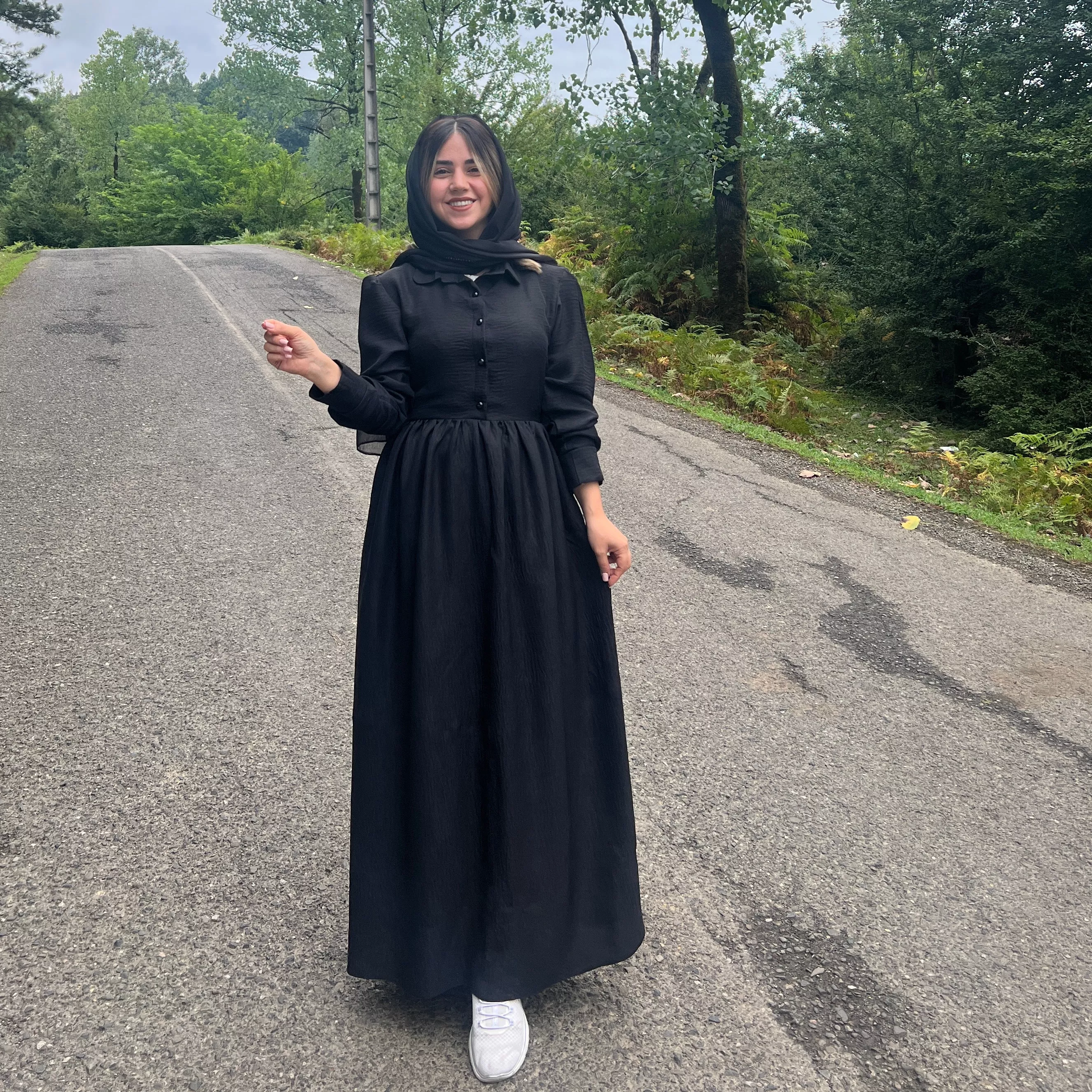 خرید پیراهن لینن شانتون  مشکی قد ۱۳۲ بند کمر دارد 