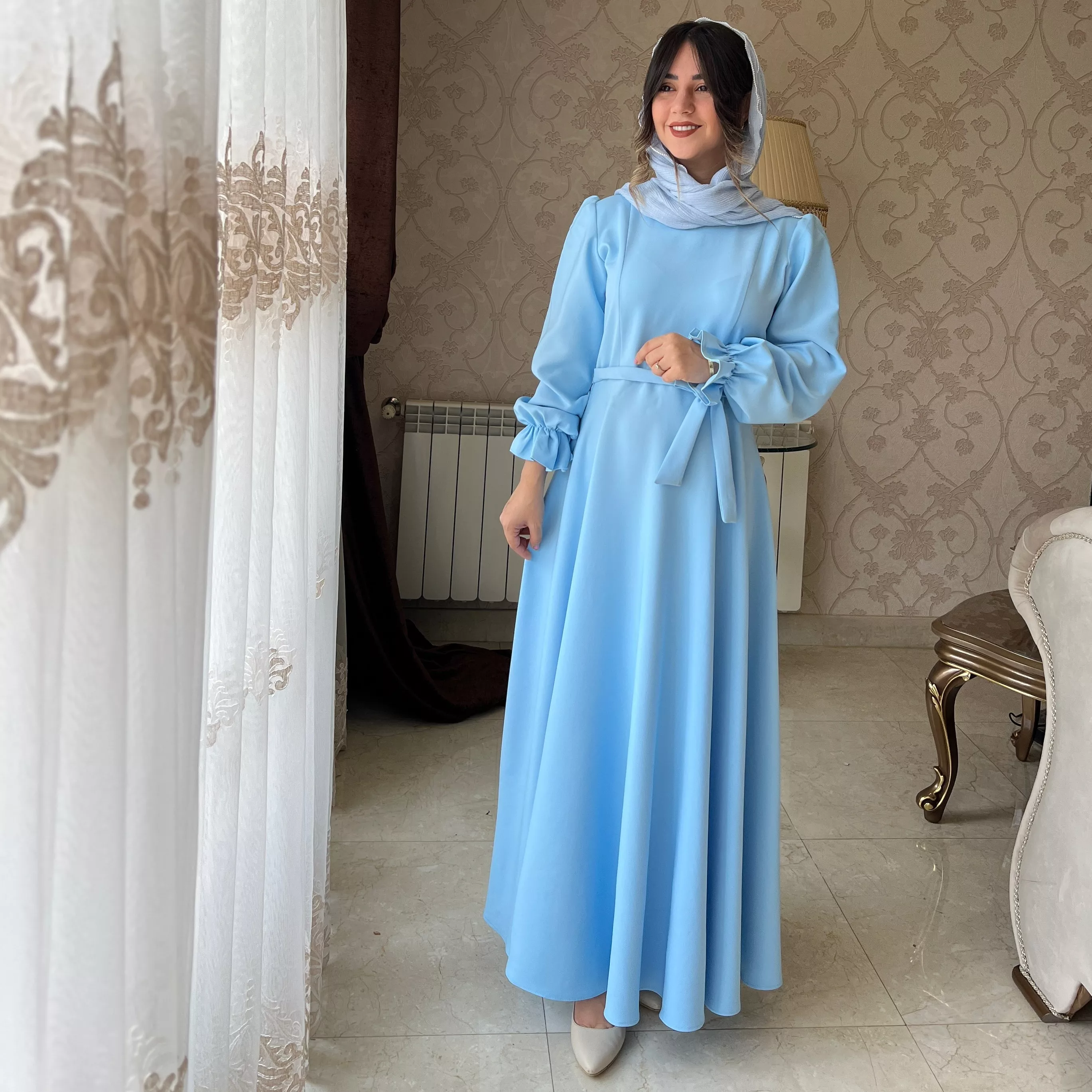خرید پیراهن و وست ابی قد ۱۳۵ بند کمر دارد 