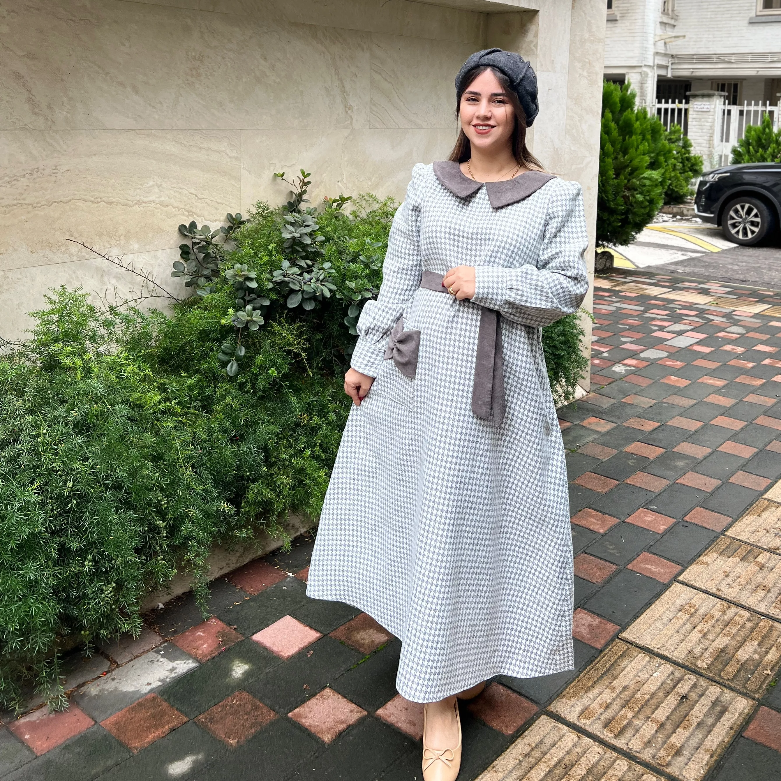 خرید پیراهن پاییزی پاپیون طوسی قد ۱۳۰ بند کمر دارد 