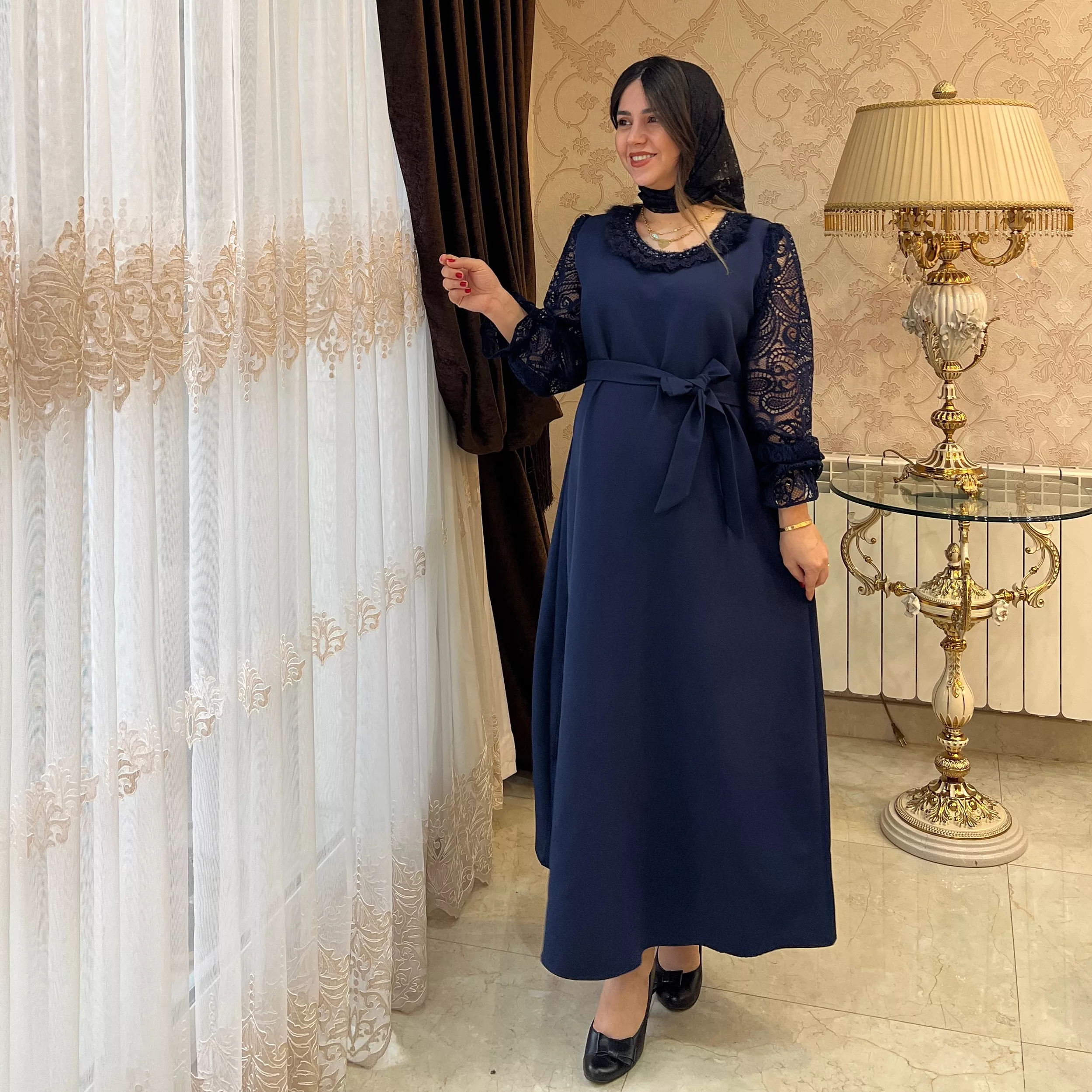 خرید پیراهن سرمه کرپ مازراتی  قد ۱۲۵ بند کمر دارد 