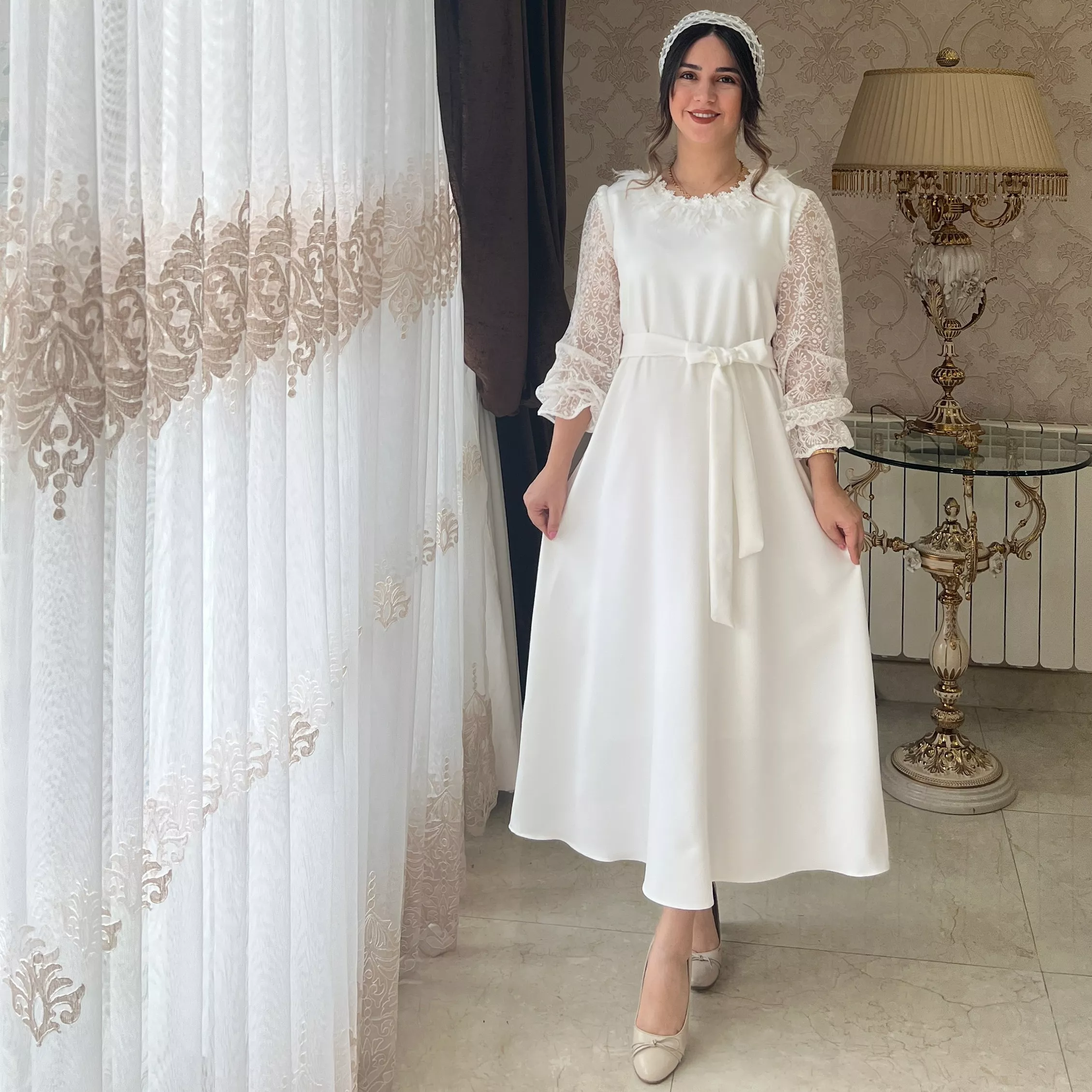 خرید پیراهن سپید آستر دارد قد ۱۲۵ بند کمر دارد 