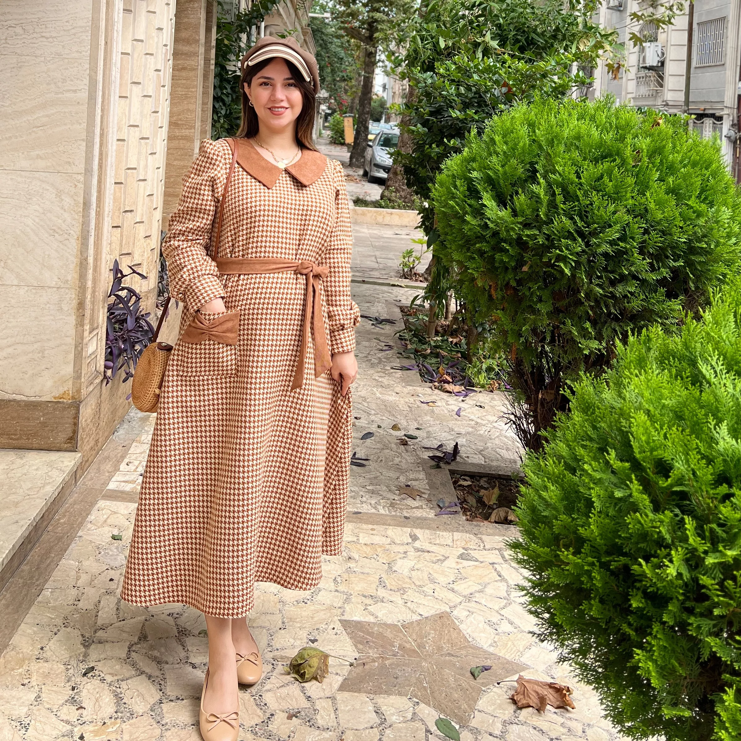 خرید پیراهن پاییزی نارنج قد ۱۲۸ بند کمر دارد 