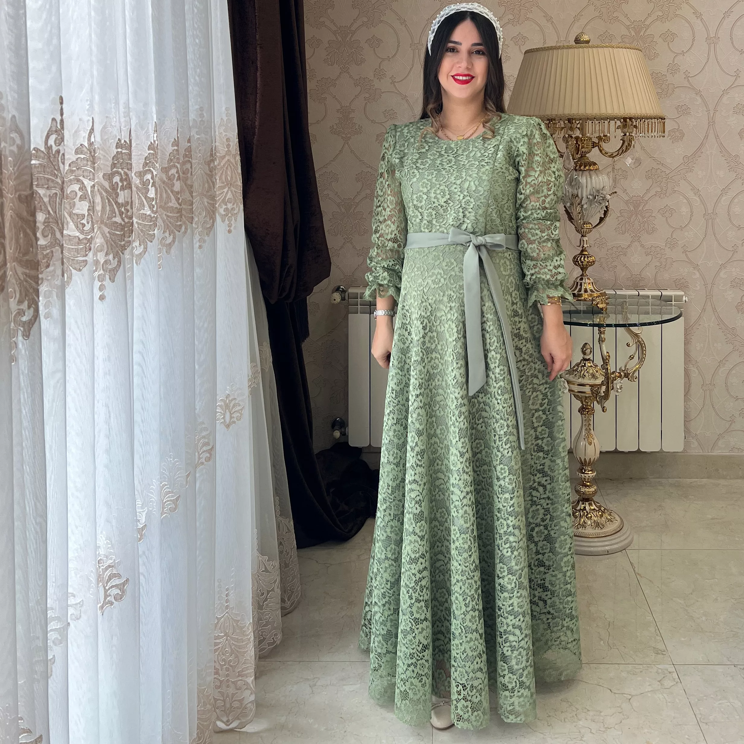 خرید پیراهن ماهور رنگ سبز ماچا قد ۱۳۰ بند کمر دارد 