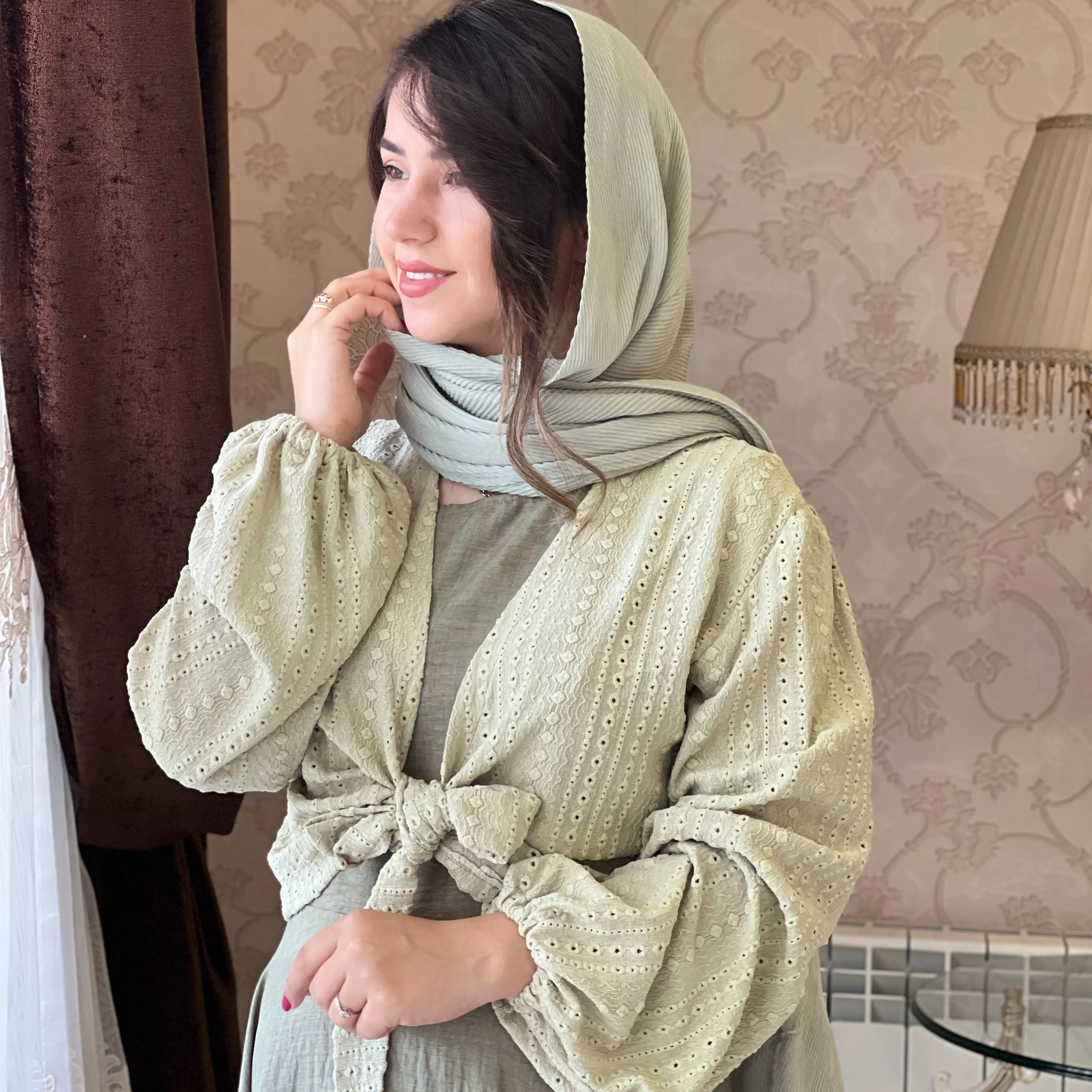 خرید بلوز و سرافان گره ای سبز پسته ای  قد ۱۳۵ بند کمر دارد 