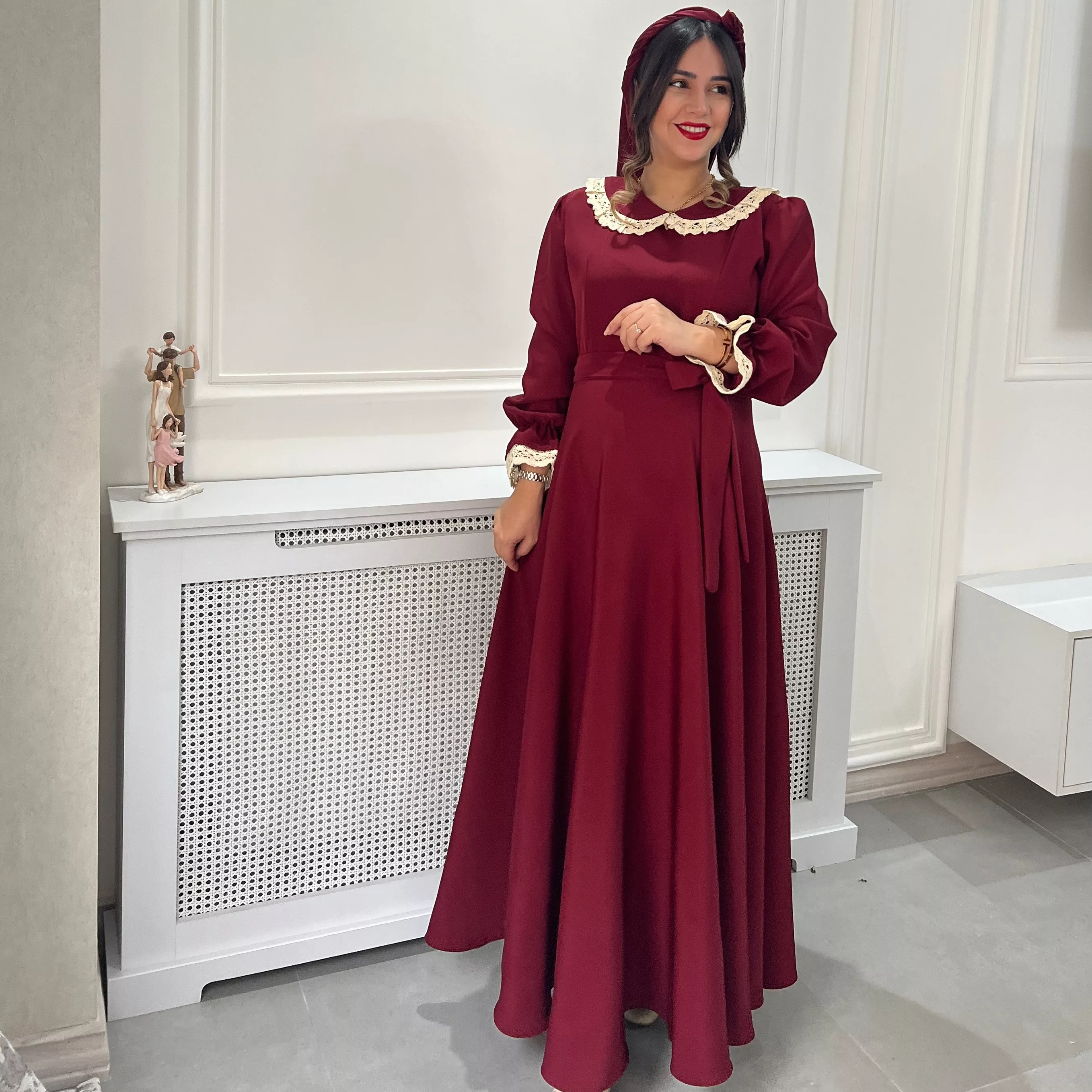 خرید پیراهن انار جنس کرپ مازراتی قد ۱۳۵ بند کمر دارد 