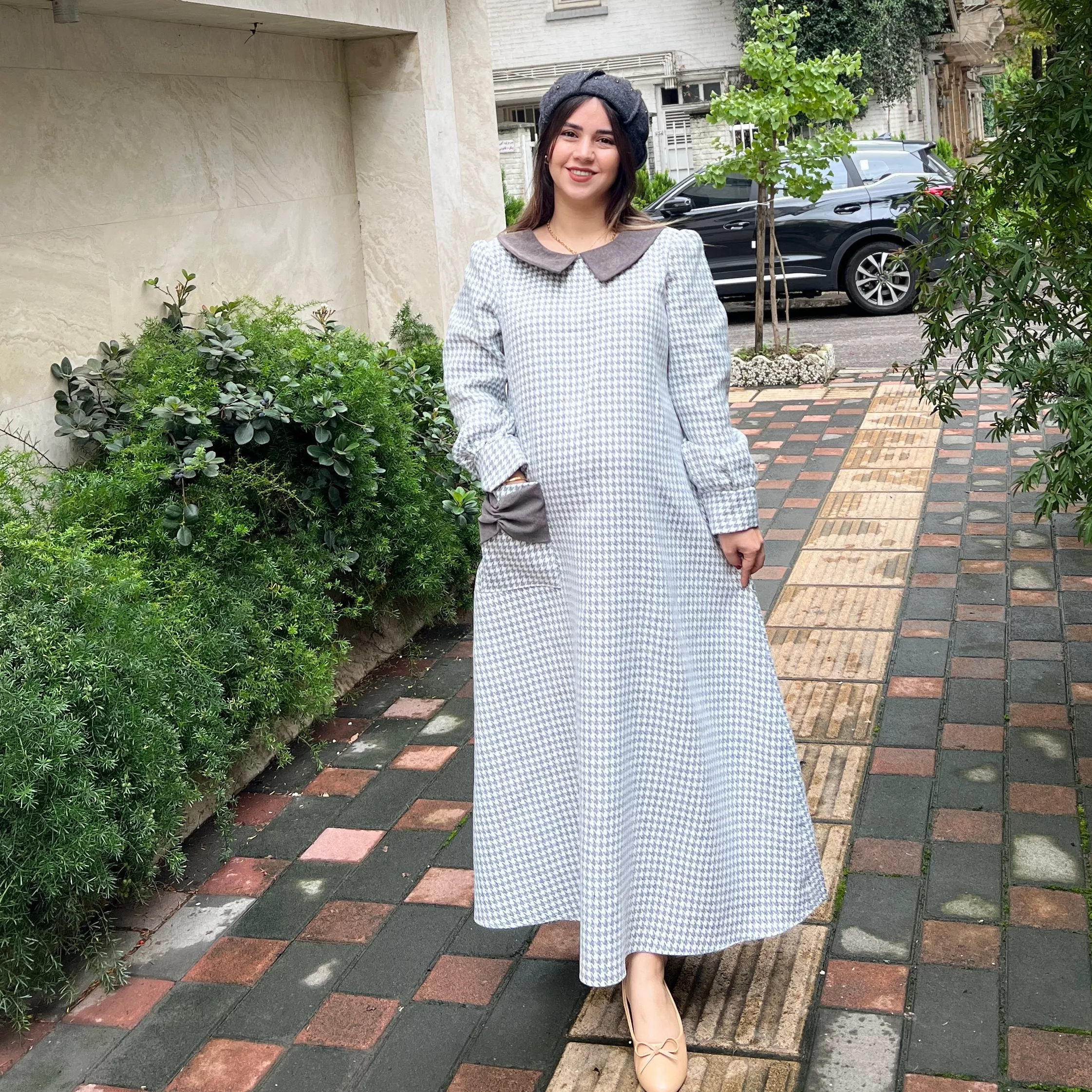 خرید پیراهن پاییزی پاپیون طوسی قد ۱۳۰ بند کمر دارد 