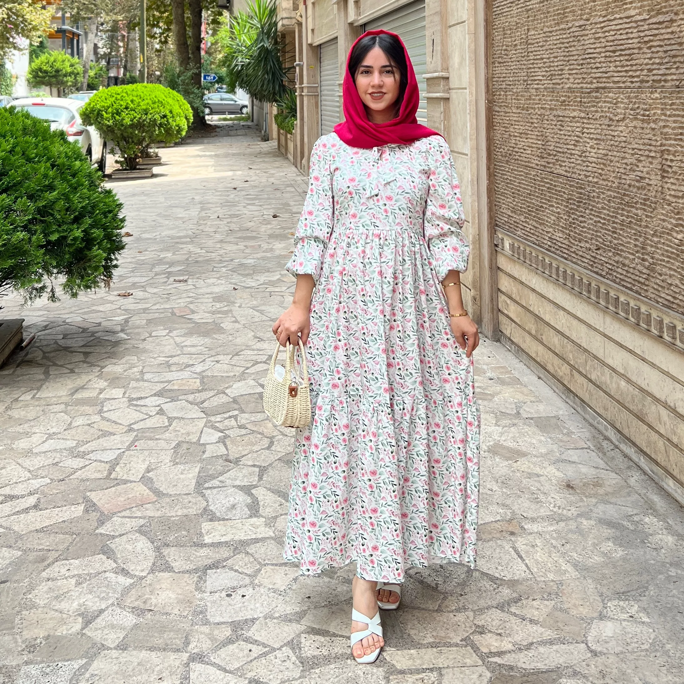 خرید پیراهن غنچه قد ۱۳۵ بند کمر دارد جنس کرپ لمونژ