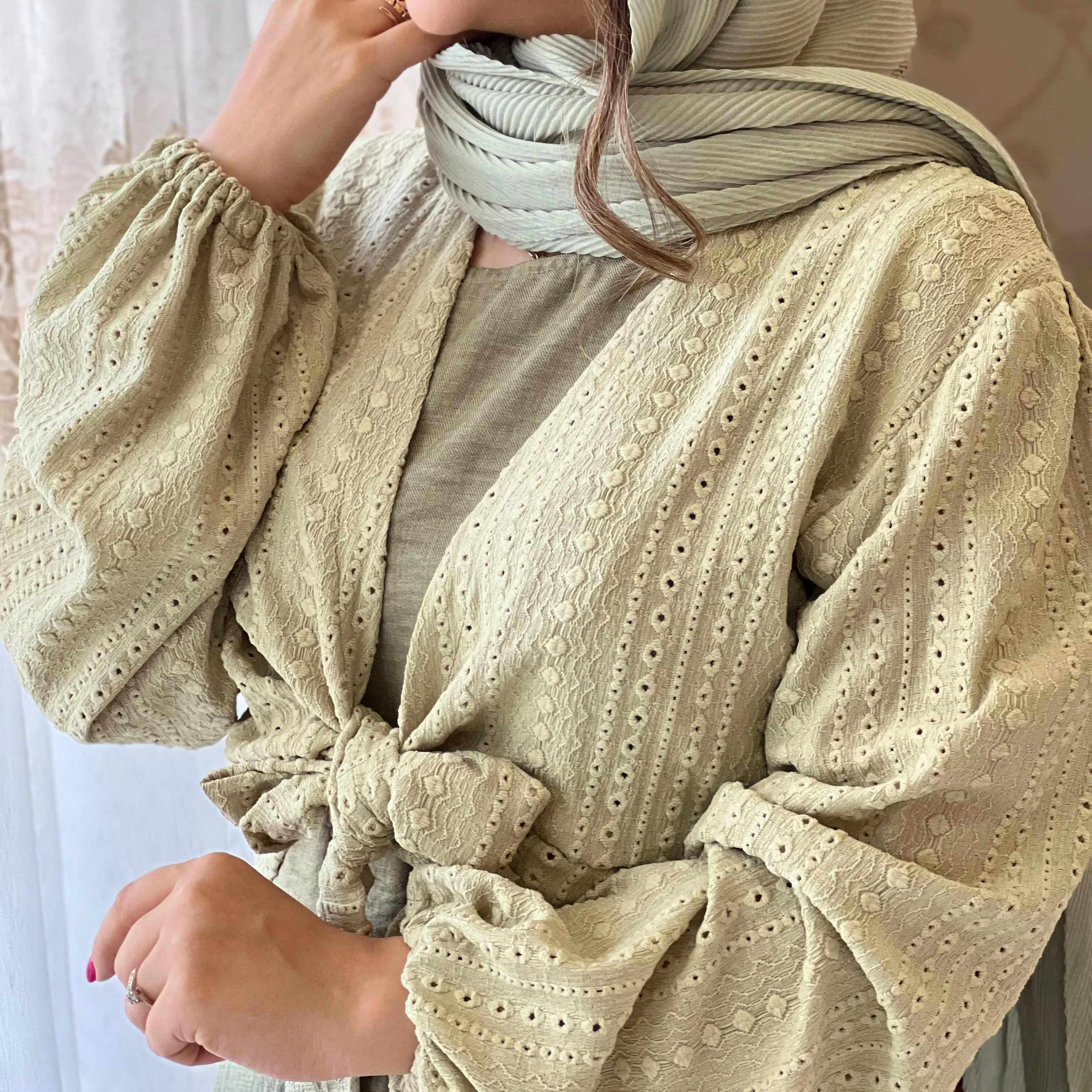 خرید بلوز و سرافان گره ای سبز پسته ای  قد ۱۳۵ بند کمر دارد 