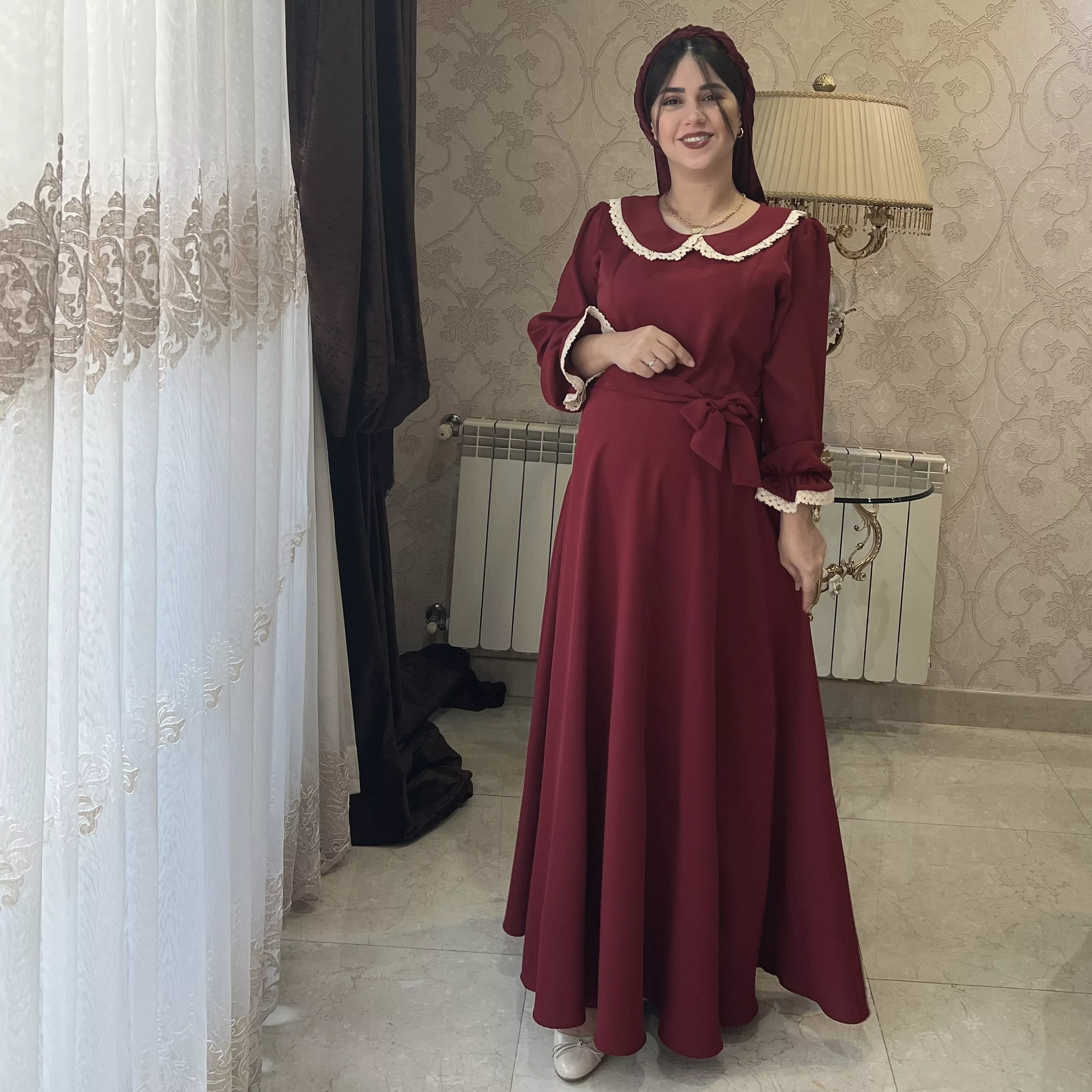 خرید پیراهن درین قد ۱۳۵ سانت جنس کرپ الیزه بند کمر دارد 