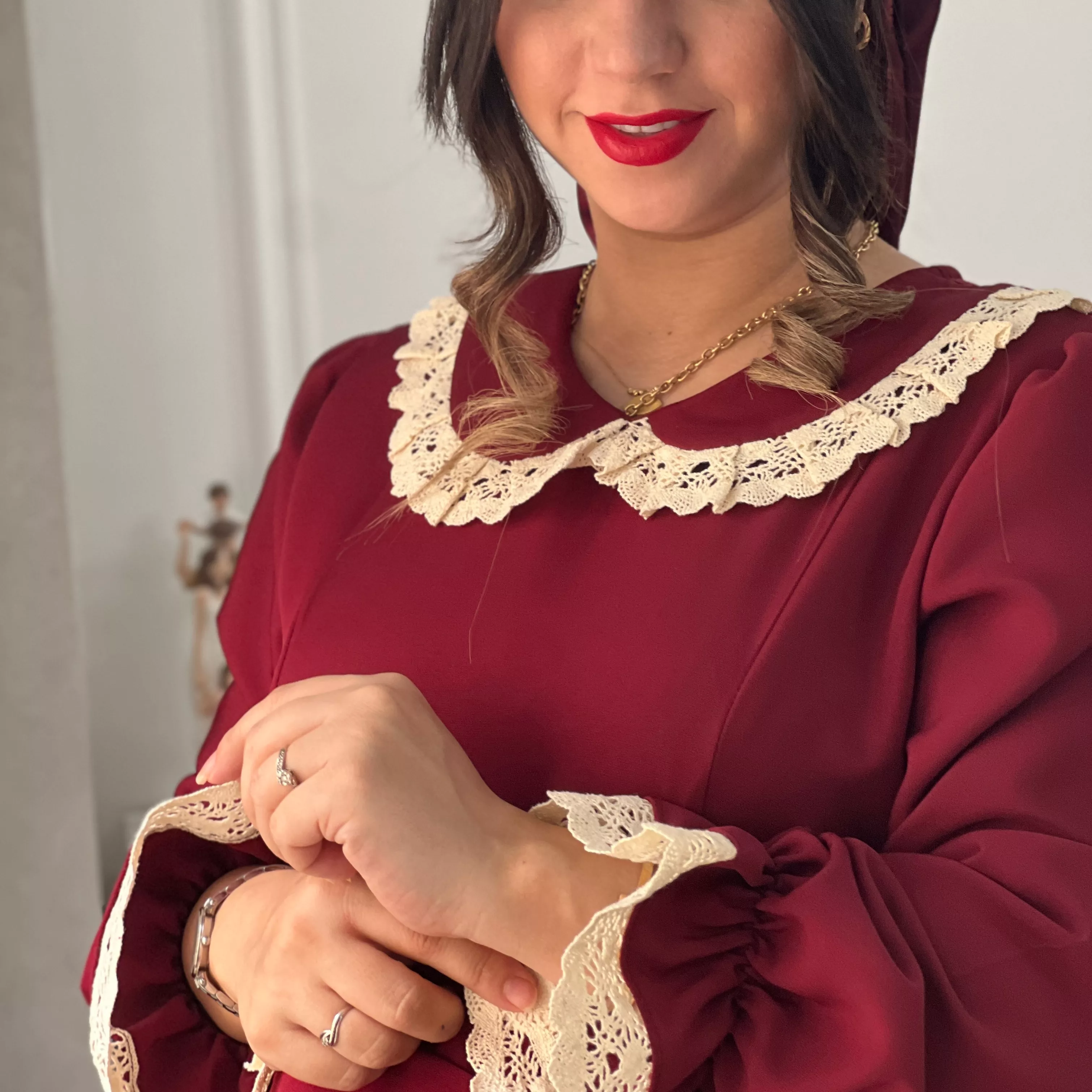 خرید پیراهن انار جنس کرپ مازراتی قد ۱۳۵ بند کمر دارد 