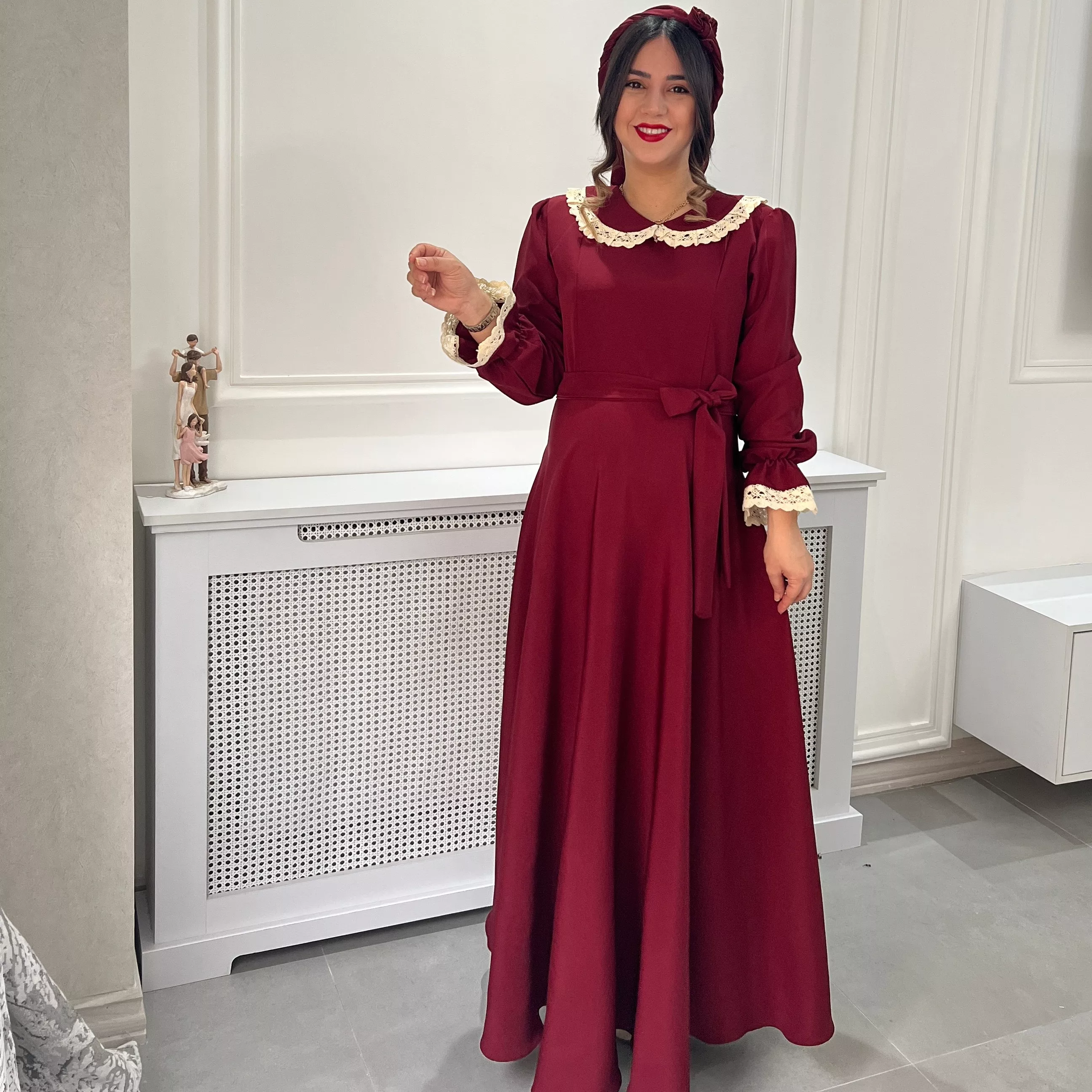 خرید پیراهن انار جنس کرپ مازراتی قد ۱۳۵ بند کمر دارد 