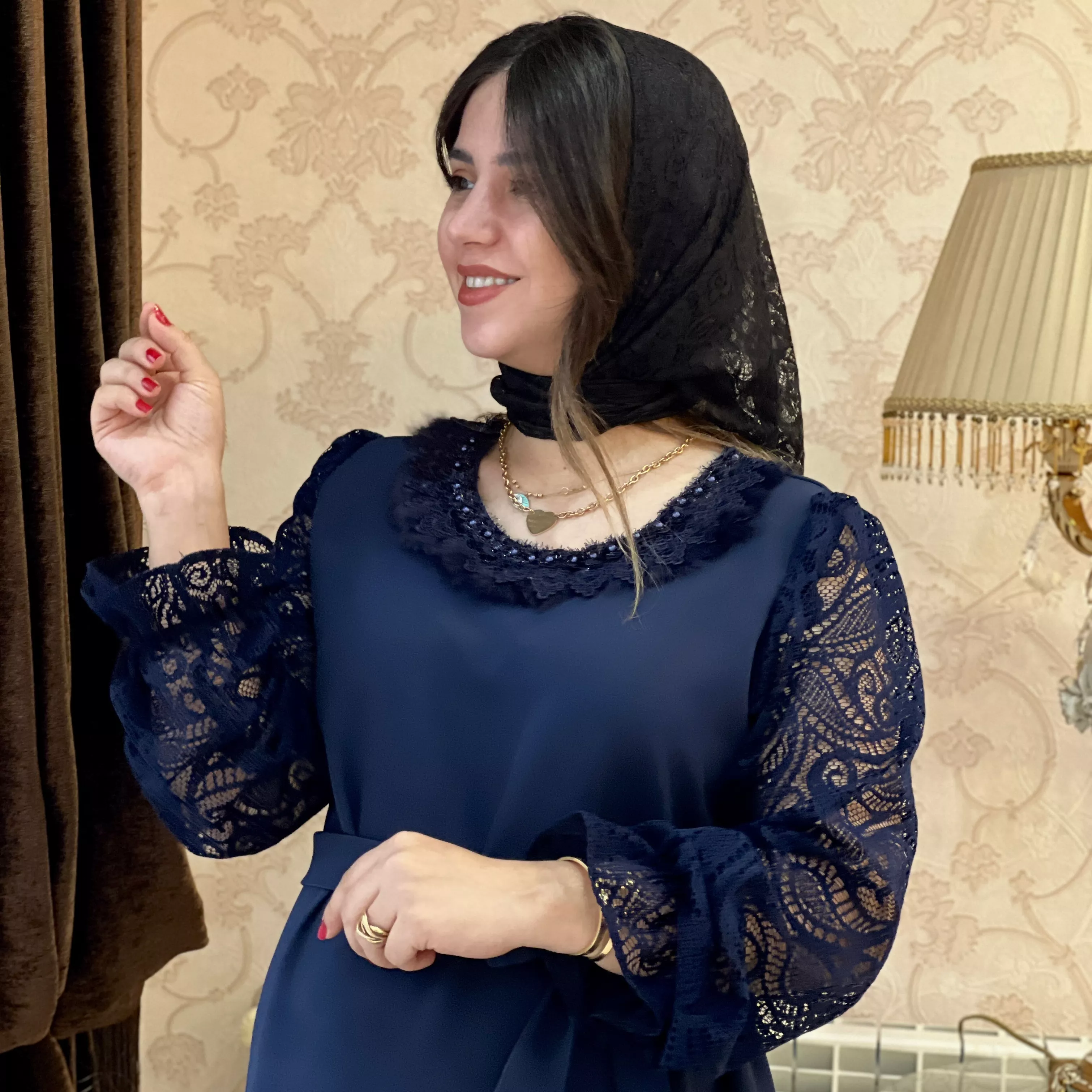 خرید پیراهن سرمه کرپ مازراتی  قد ۱۲۵ بند کمر دارد 