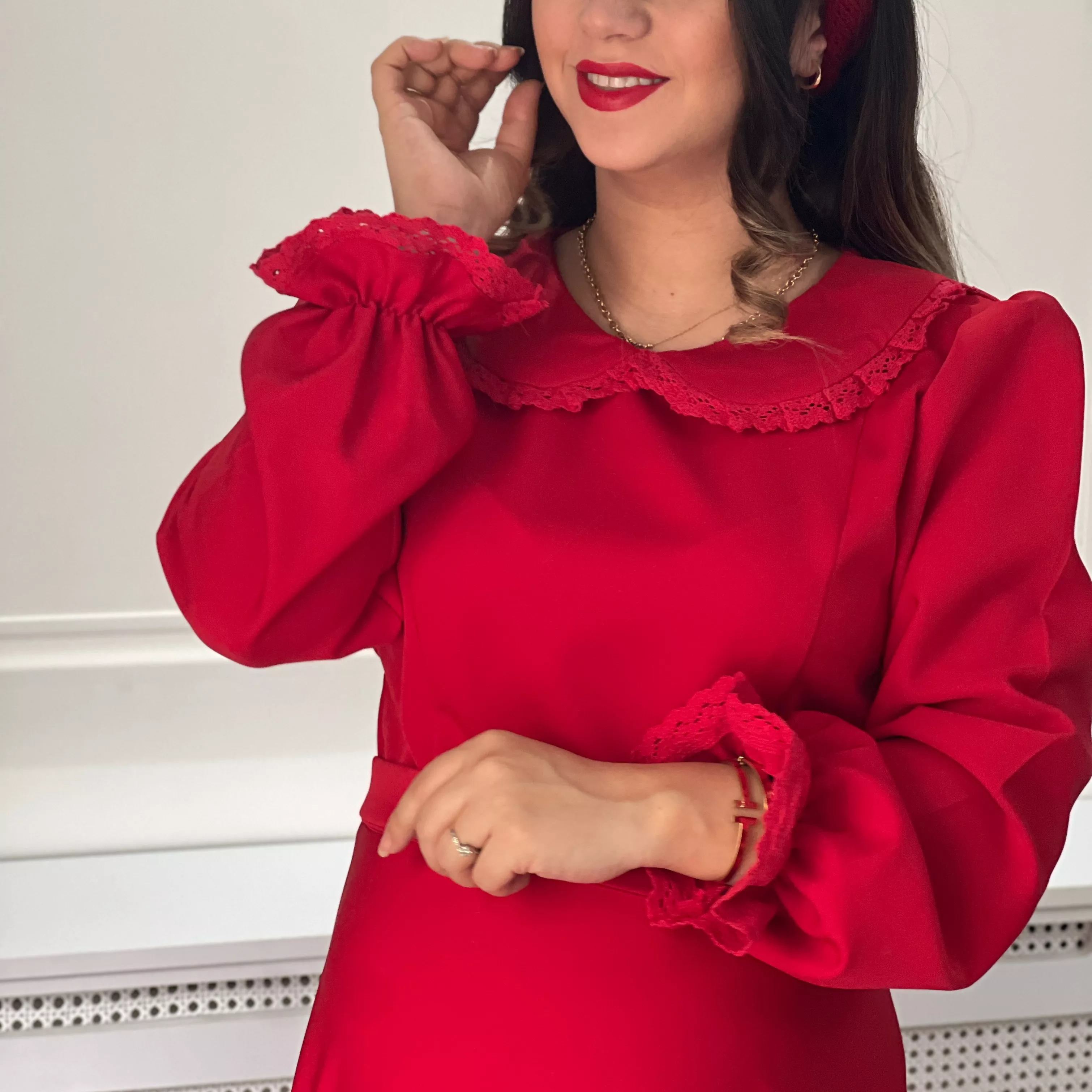 خرید پیراهن رز قد ۱۳۵ بند کمر دارد جنس کرپ مازراتی