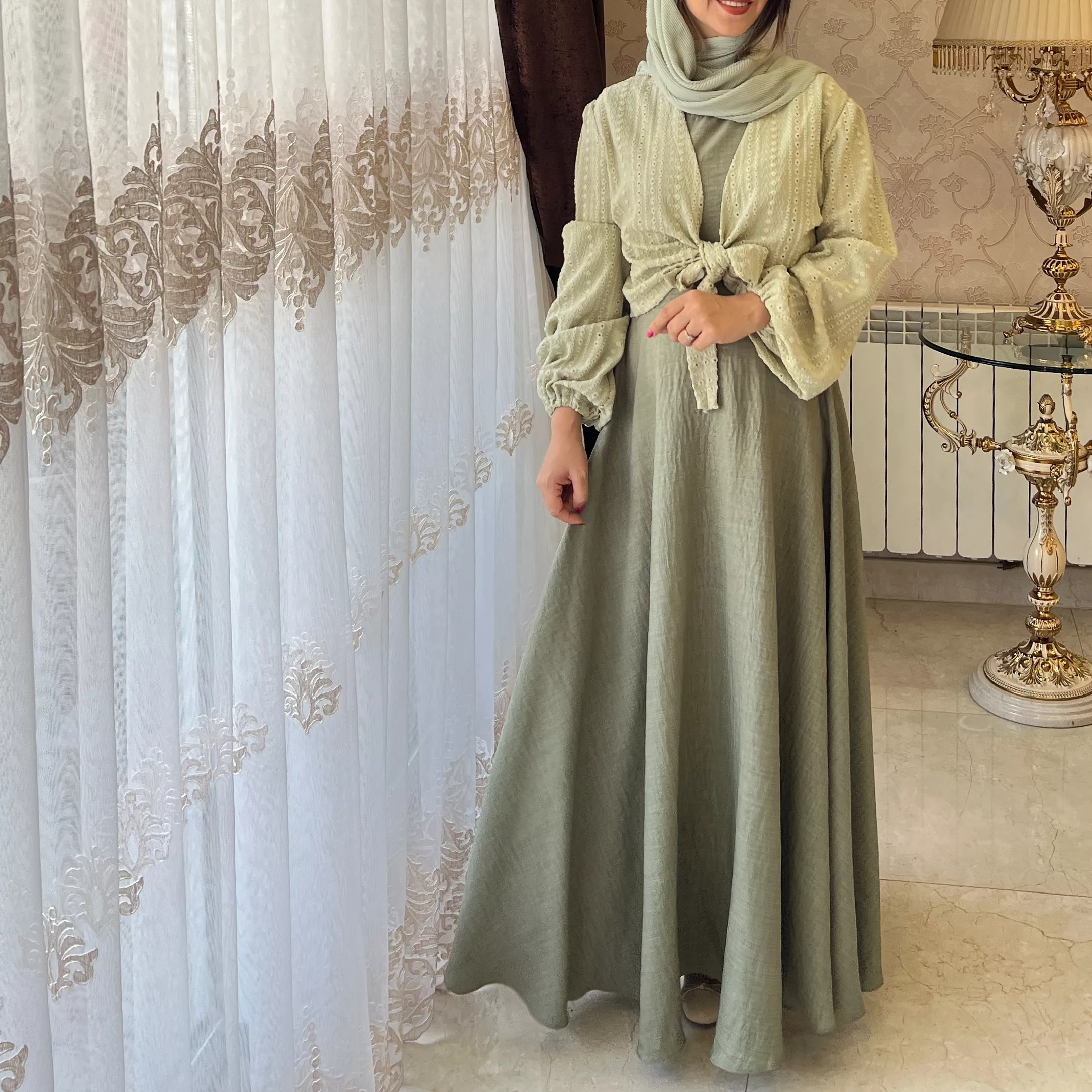 خرید بلوز و سرافان گره ای سبز پسته ای  قد ۱۳۵ بند کمر دارد 